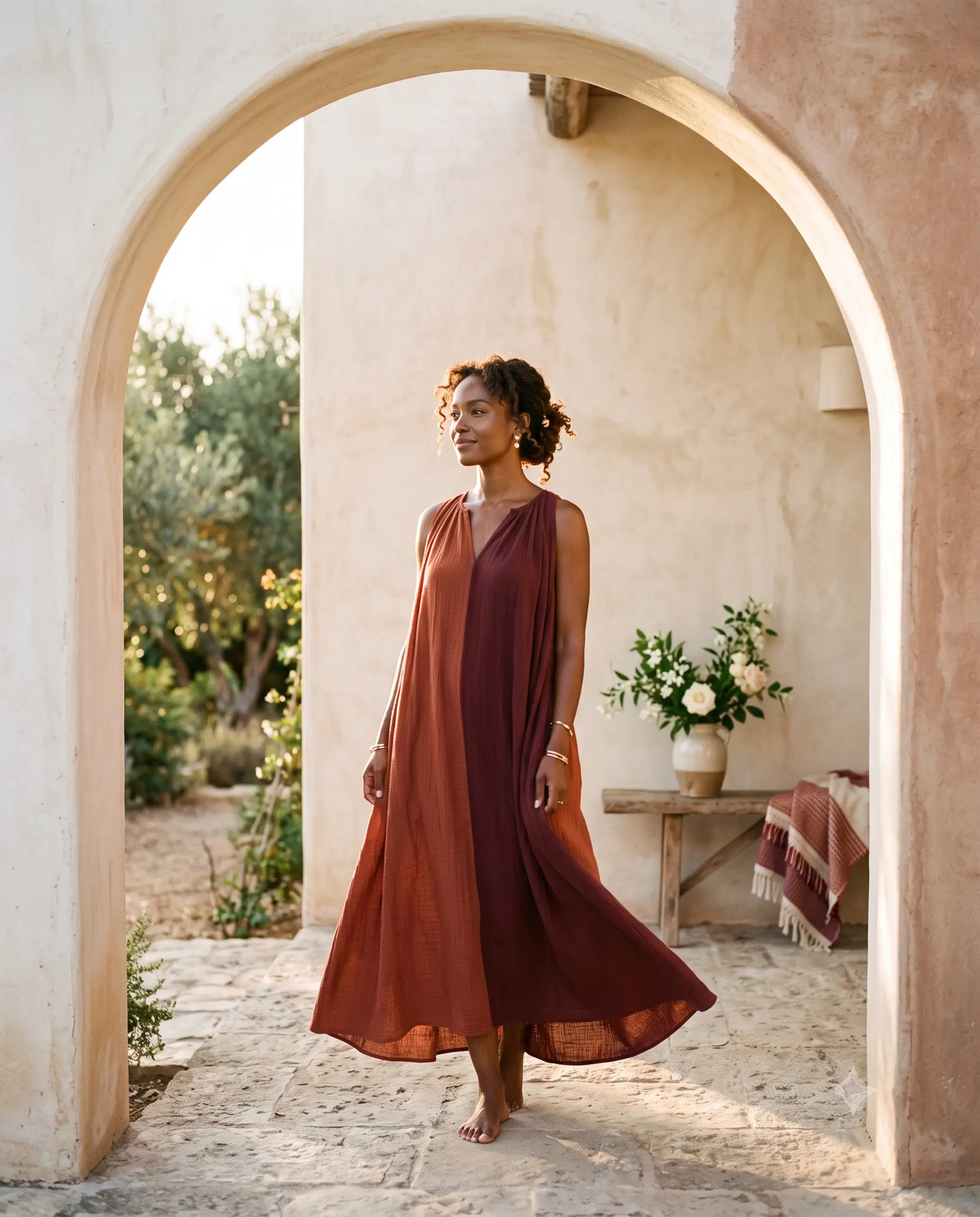 Femme en robe fluide bordeaux et terracotta sous une arche baignée de lumière dorée